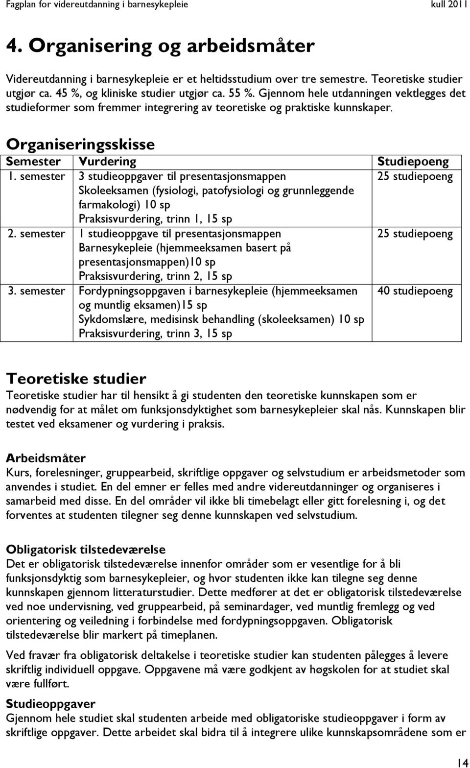 semester 3 studieoppgaver til presentasjonsmappen 25 studiepoeng Skoleeksamen (fysiologi, patofysiologi og grunnleggende farmakologi) 10 sp Praksisvurdering, trinn 1, 15 sp 2.