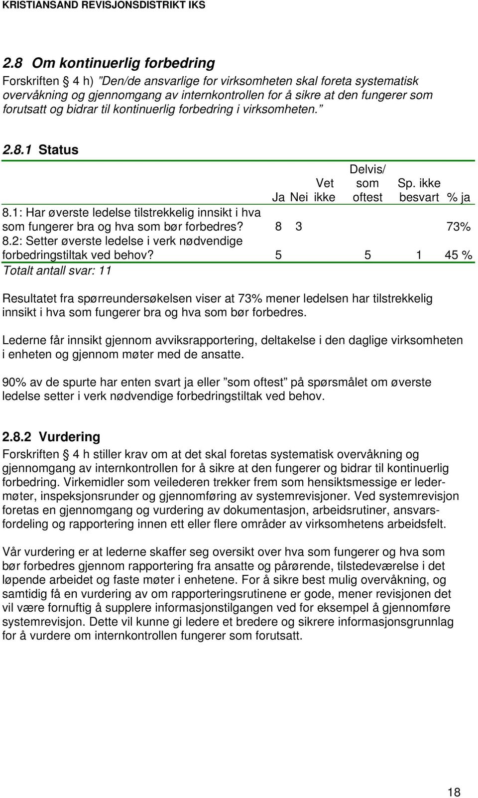 1: Har øverste ledelse tilstrekkelig innsikt i hva som fungerer bra og hva som bør forbedres? 8 3 73% 8.2: Setter øverste ledelse i verk nødvendige forbedringstiltak ved behov?