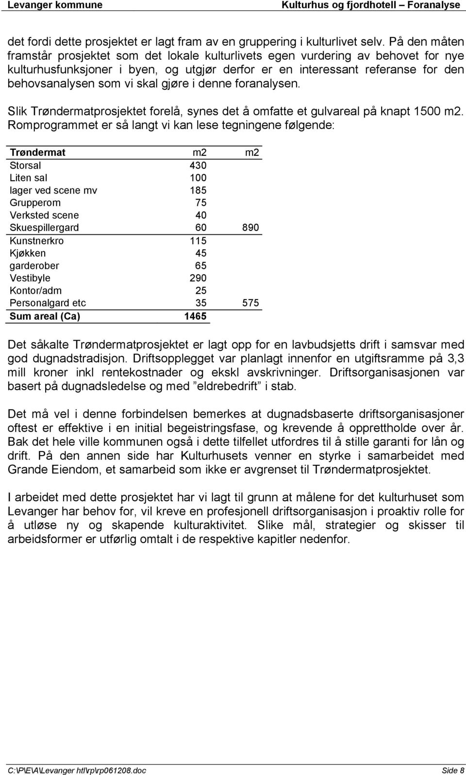 skal gjøre i denne foranalysen. Slik Trøndermatprosjektet forelå, synes det å omfatte et gulvareal på knapt 1500 m2.