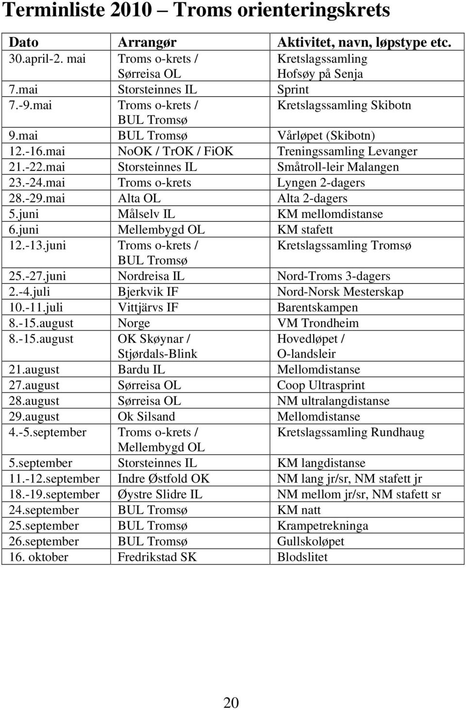 -24.mai Troms o-krets Lyngen 2-dagers 28.-29.mai Alta OL Alta 2-dagers 5.juni Målselv IL KM mellomdistanse 6.juni Mellembygd OL KM stafett 12.-13.