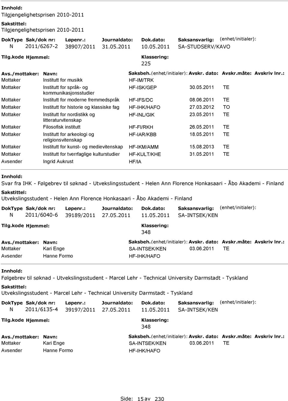 2011 TE Mottaker nstitutt for historie og klassiske fag HF-HK/HAFO 27.03.2012 TO Mottaker nstitutt for nordistikk og HF-L/GK 23.05.