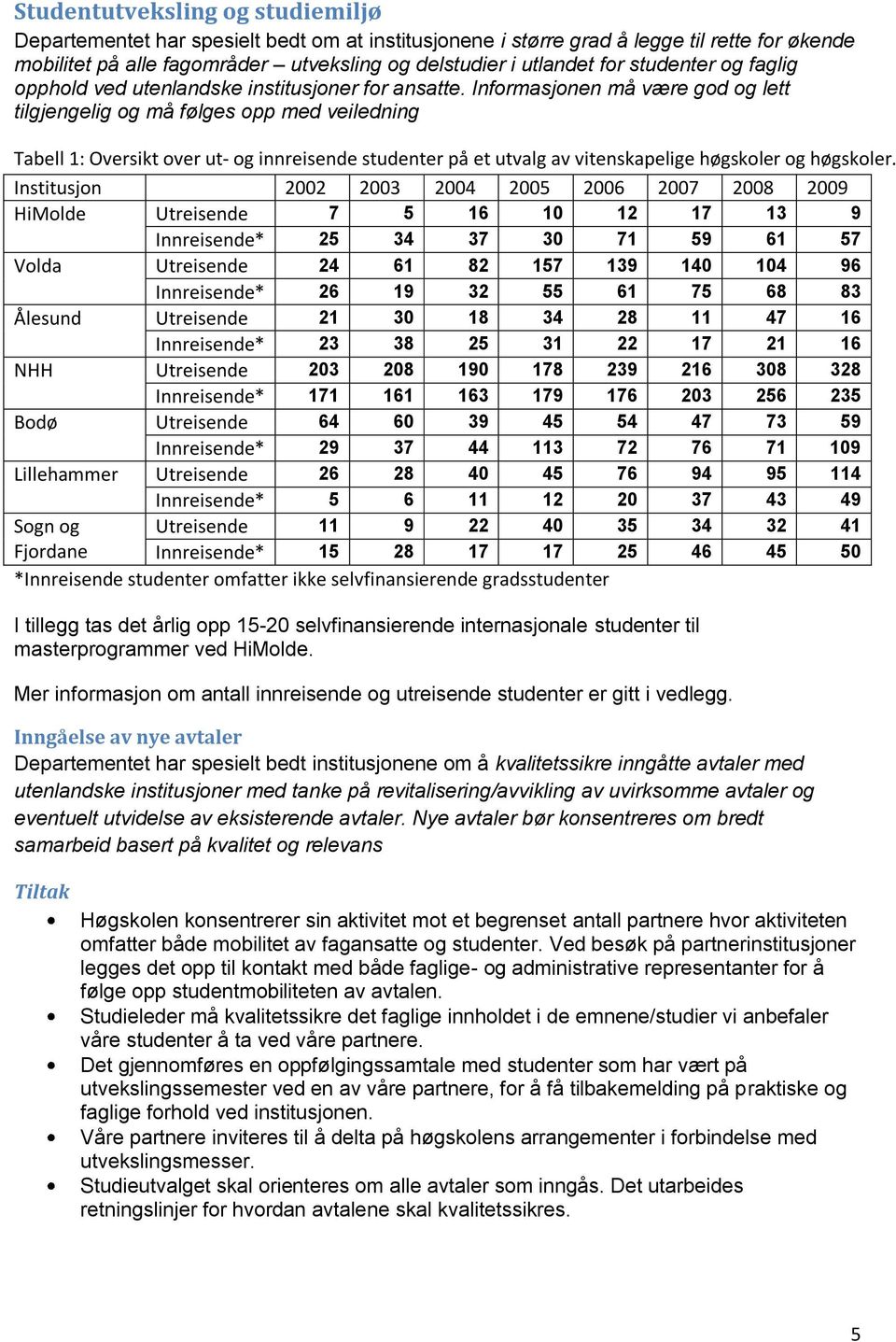 Informasjonen må være god og lett tilgjengelig og må følges opp med veiledning Tabell 1: Oversikt over ut- og innreisende studenter på et utvalg av vitenskapelige høgskoler og høgskoler.