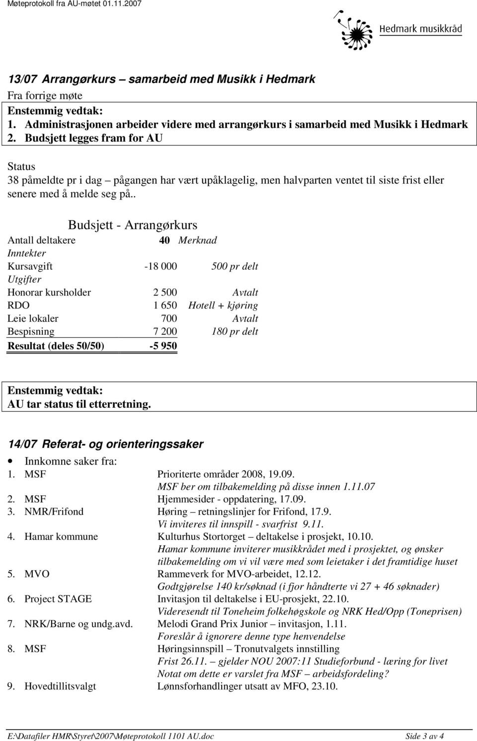 . Budsjett - Arrangørkurs Antall deltakere 40 Merknad Inntekter Kursavgift -18 000 500 pr delt Utgifter Honorar kursholder 2 500 Avtalt RDO 1 650 Hotell + kjøring Leie lokaler 700 Avtalt Bespisning 7