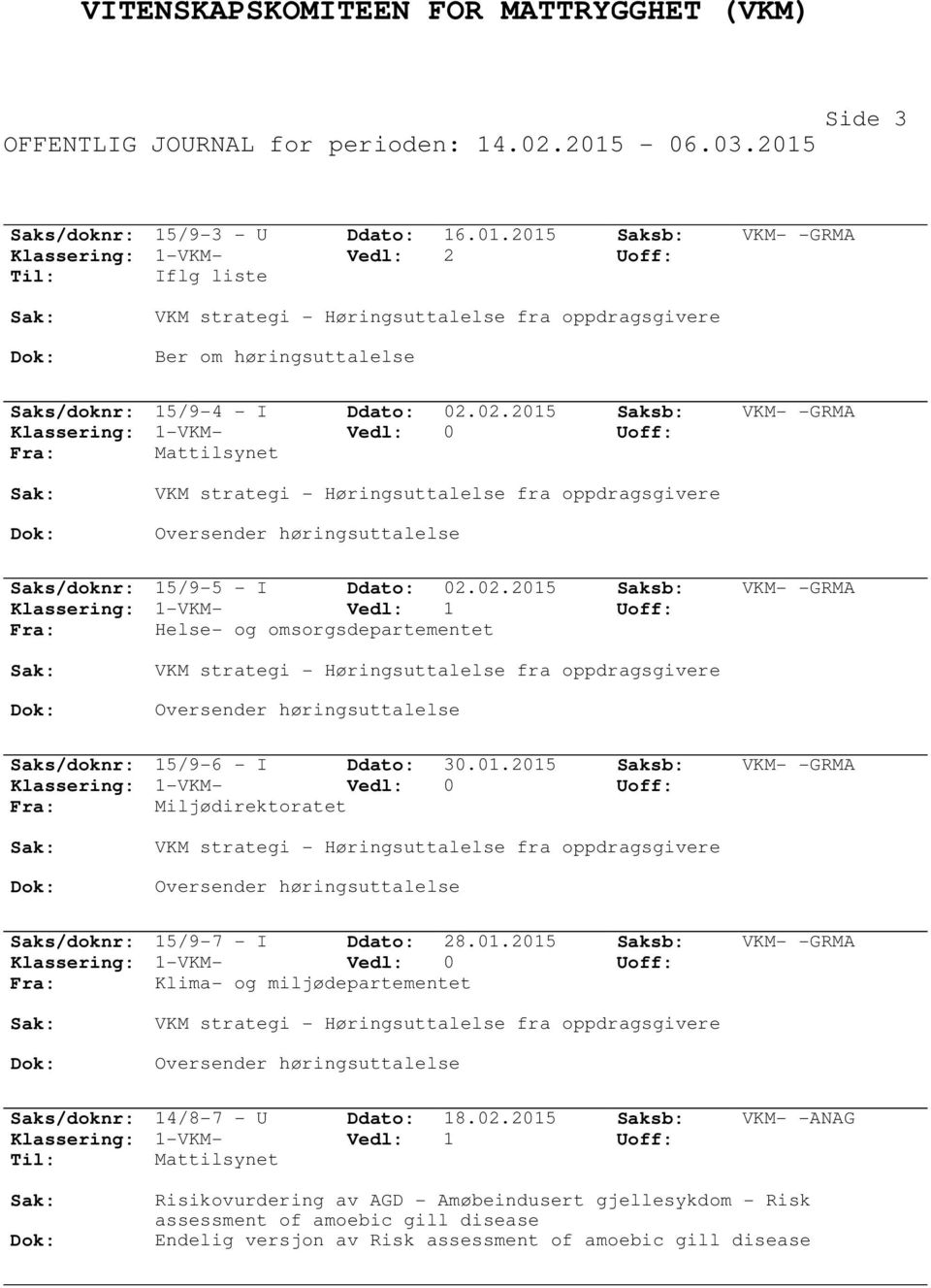 02.2015 Saksb: VKM- -GRMA Saks/doknr: 15/9-5 - I Ddato: 02.02.2015 Saksb: VKM- -GRMA Fra: Helse- og omsorgsdepartementet Saks/doknr: 15/9-6 - I Ddato: 30.01.2015 Saksb: VKM- -GRMA Fra: Miljødirektoratet Saks/doknr: 15/9-7 - I Ddato: 28.