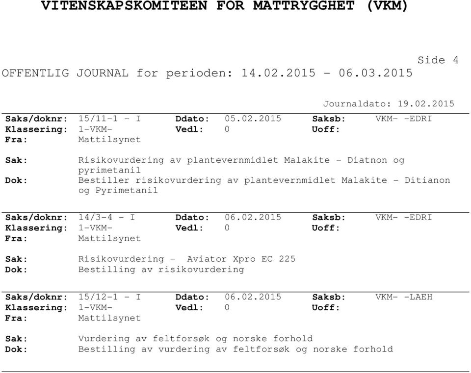 2015 Saksb: VKM- -EDRI Risikovurdering av plantevernmidlet Malakite - Diatnon og pyrimetanil Bestiller risikovurdering av