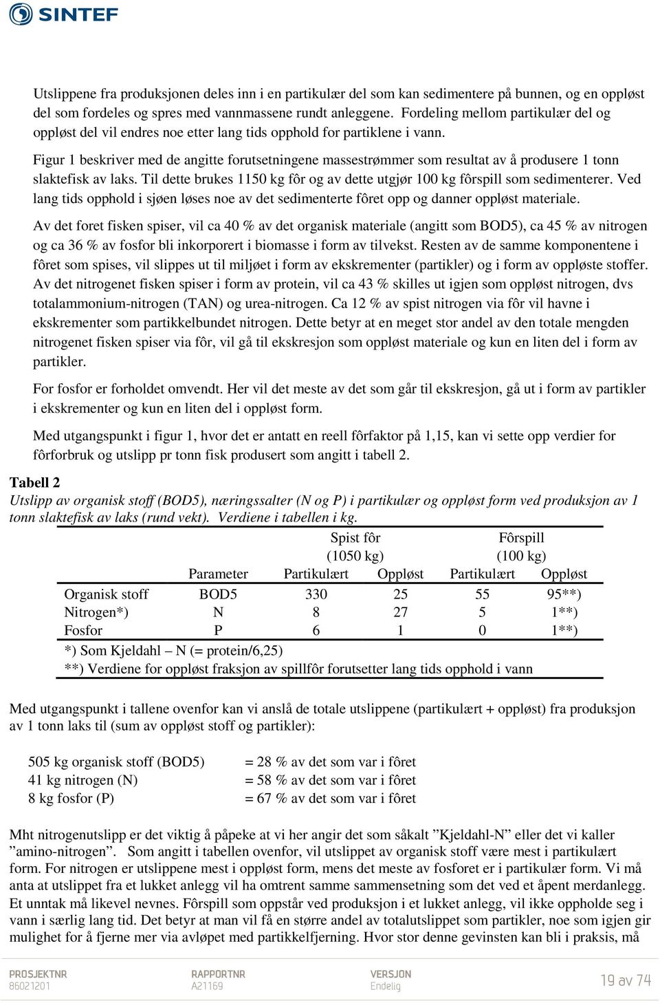 Figur 1 beskriver med de angitte forutsetningene massestrømmer som resultat av å produsere 1 tonn slaktefisk av laks. Til dette brukes 1150 kg fôr og av dette utgjør 100 kg fôrspill som sedimenterer.