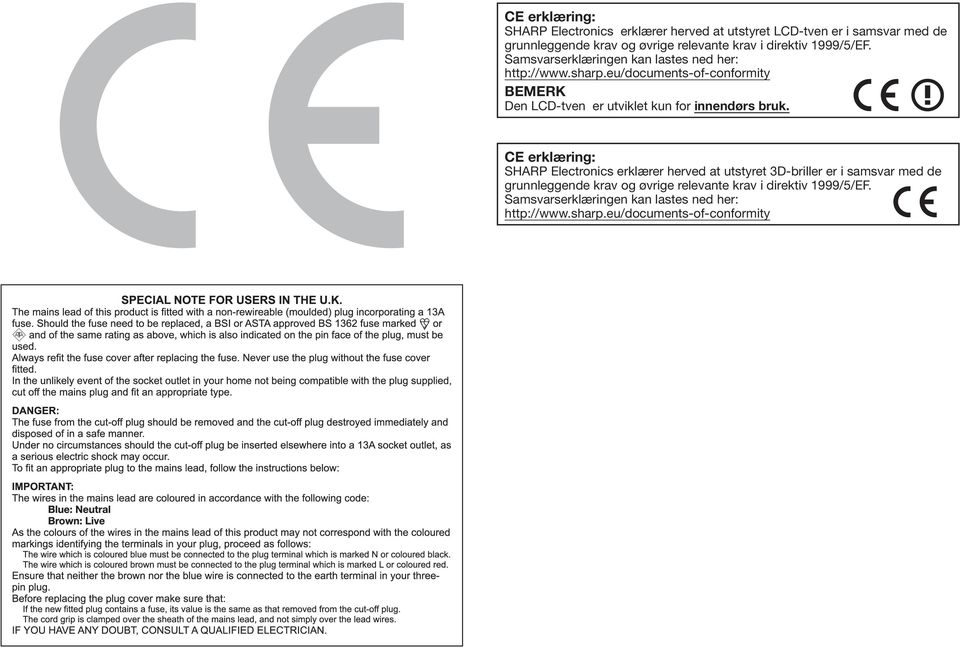 eu/documents-of-conformity Den LCD-tven er utviklet kun for innendørs bruk.