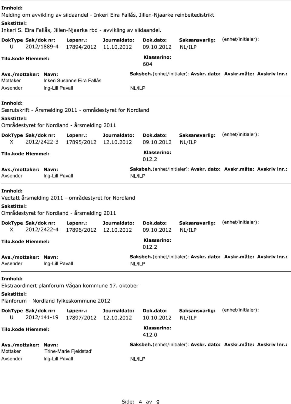 : Mottaker nkeri Susanne Eira Fallås ng-lill Pavall Særutskrift - Årsmelding 2011 - områdestyret for Nordland Områdestyret for Nordland - årsmelding 2011 2012/2422-3 17895/2012 012.2 Avs.