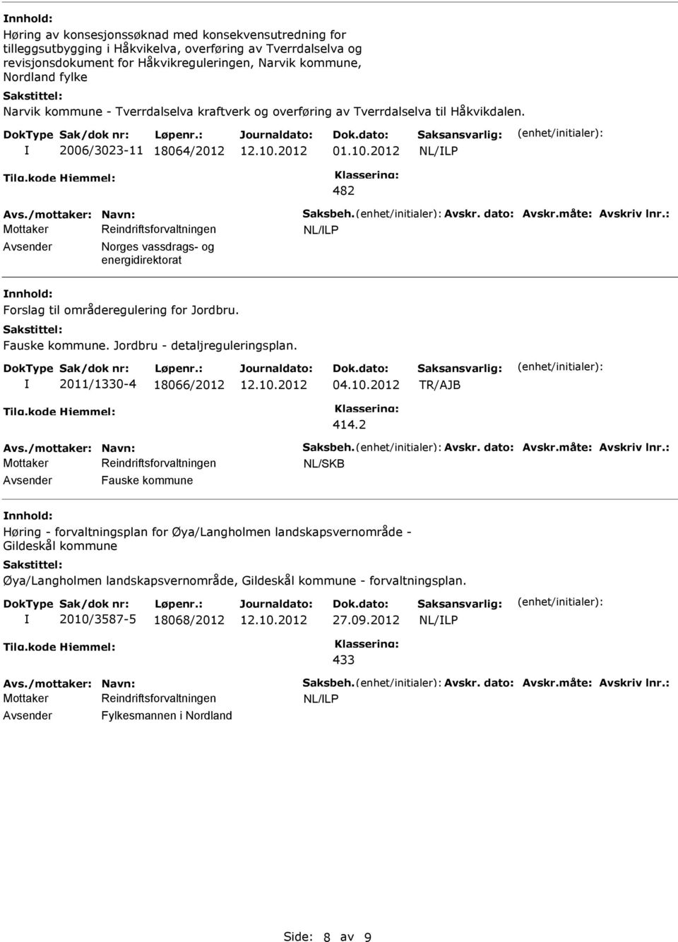 : Norges vassdrags- og energidirektorat Forslag til områderegulering for Jordbru. Fauske kommune. Jordbru - detaljreguleringsplan. 2011/1330-4 18066/2012 04.10.2012 TR/AJB 414.2 Avs.