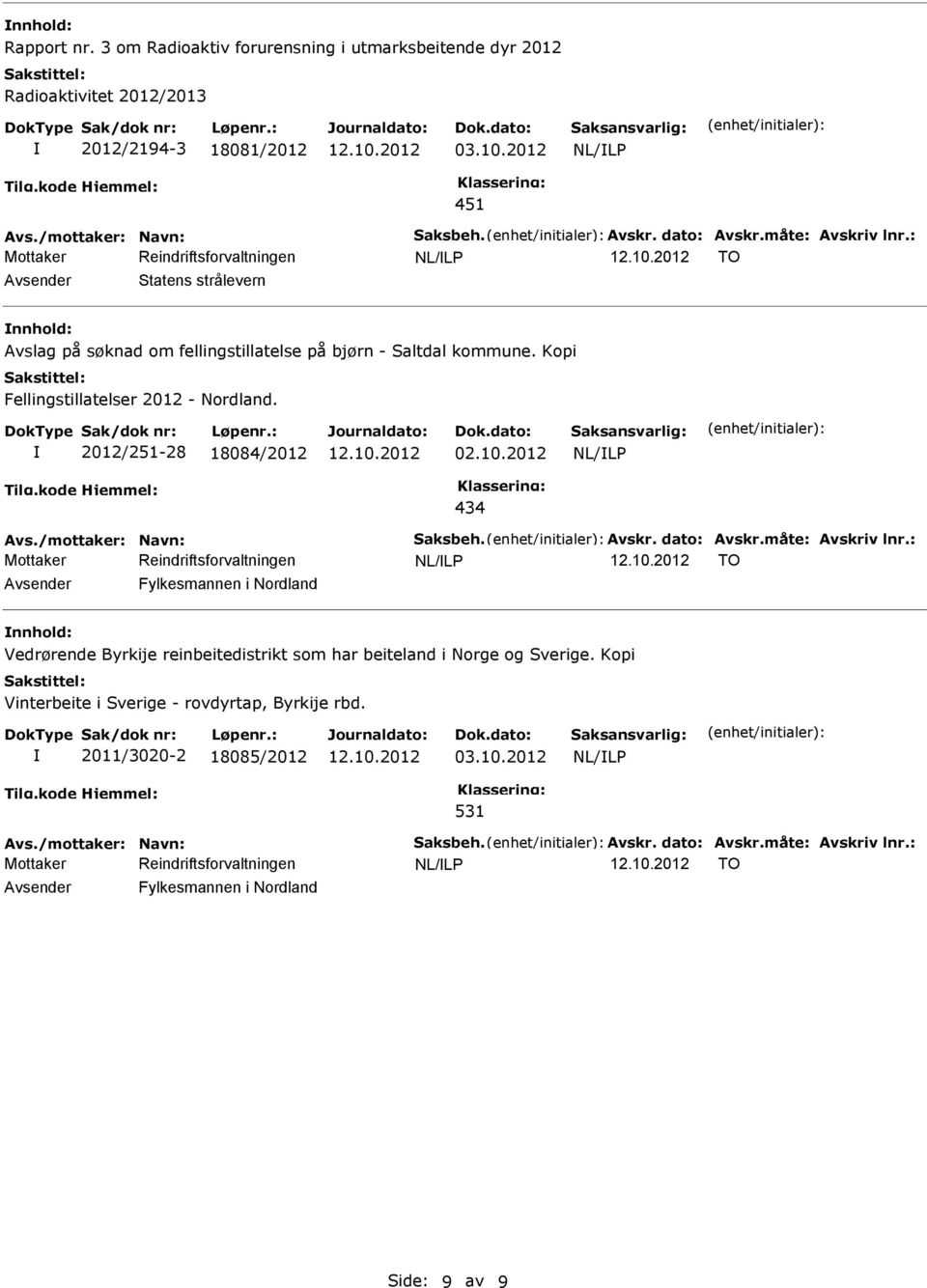 2012 434 Avs./mottaker: Navn: Saksbeh. Avskr. dato: Avskr.måte: Avskriv lnr.: TO Fylkesmannen i Nordland Vedrørende Byrkije reinbeitedistrikt som har beiteland i Norge og Sverige.