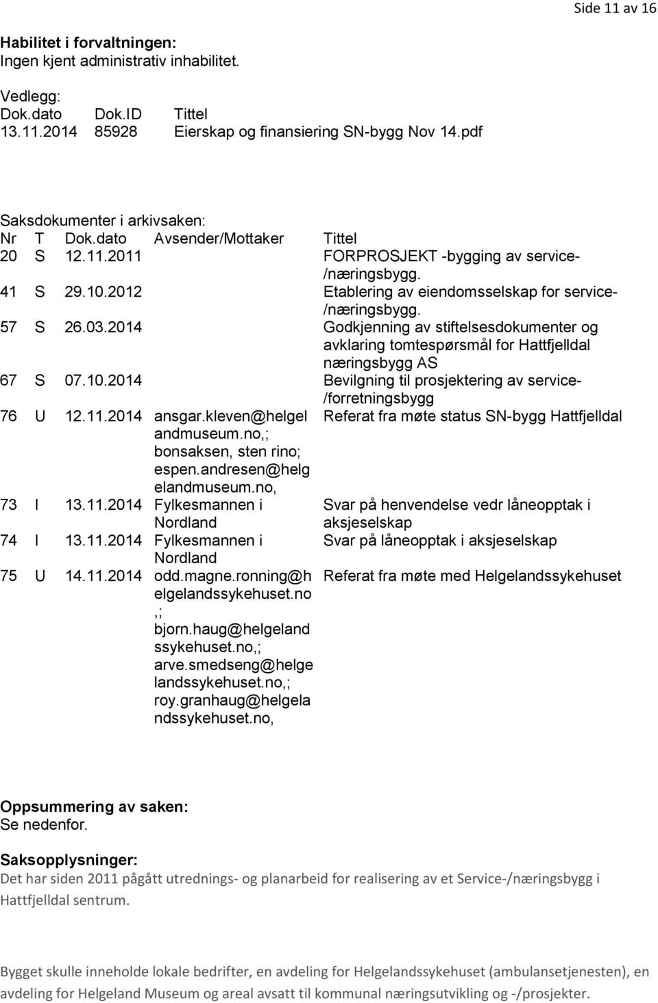 2012 Etablering av eiendomsselskap for service- /næringsbygg. 57 S 26.03.2014 Godkjenning av stiftelsesdokumenter og avklaring tomtespørsmål for Hattfjelldal næringsbygg AS 67 S 07.10.