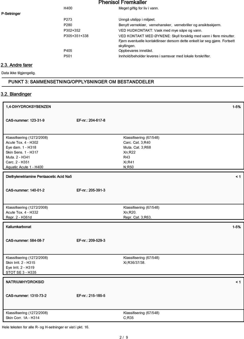 Innhold/beholder leveres i samsvar med lokale forskrifter. 2.3. Andre farer Data ikke tilgjengelig. PUNKT 3: SAMMENSETNING/OPPLYSNINGER OM BESTANDDELER 3.2. Blandinger 1,4-DIHYDROKSYBENZEN 1-5% CAS-nummer: 123-31-9 EF-nr.