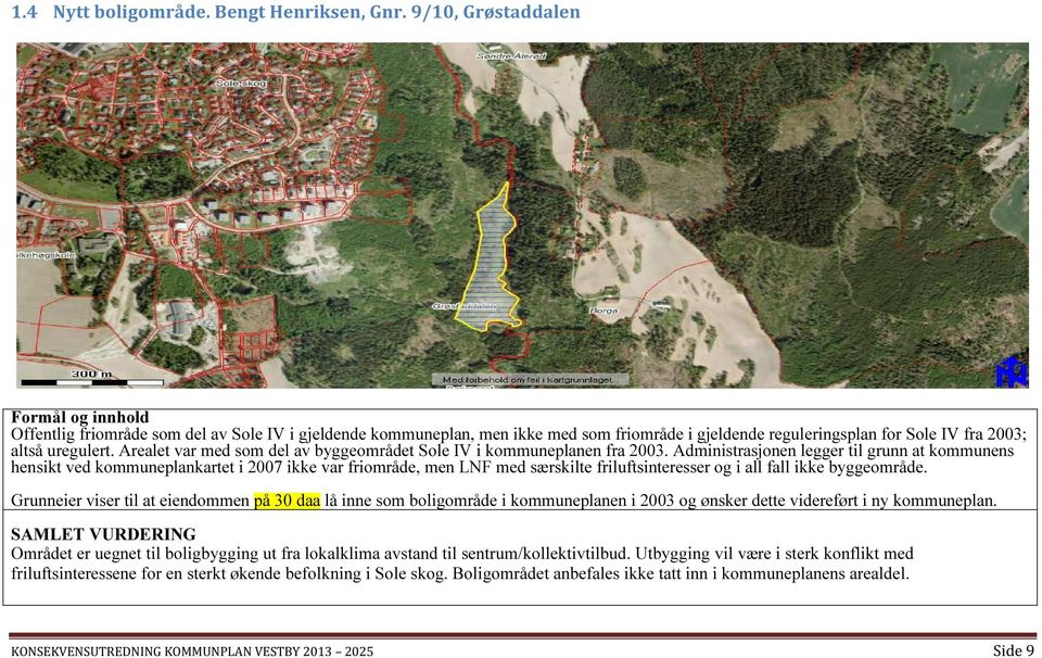 Arealet var med som del av byggeområdet Sole IV i kommuneplanen fra 2003.