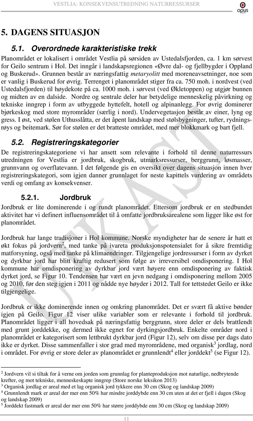 Terrenget i planområdet stiger fra ca. 750 moh. i nordvest (ved Ustedalsfjorden) til høydekote på ca. 1000 moh. i sørvest (ved Økletoppen) og utgjør bunnen og midten av en dalside.