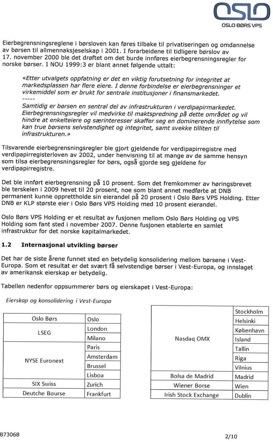 I NOU 1999:3 er blant annet følgende uttalt: «Etter utvalgets oppfatning er det en viktig forutsetning for integritet at markedsplassen har flere eiere.