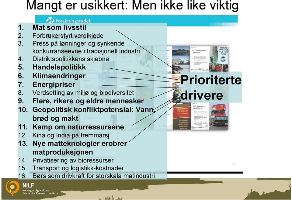 Energipriser 8. Verdsetting av miljø og biodiversitet 9. Flere, rikere og eldre mennesker 10. Geopolitisk konfliktpotensial: Vann, brød og makt 11.