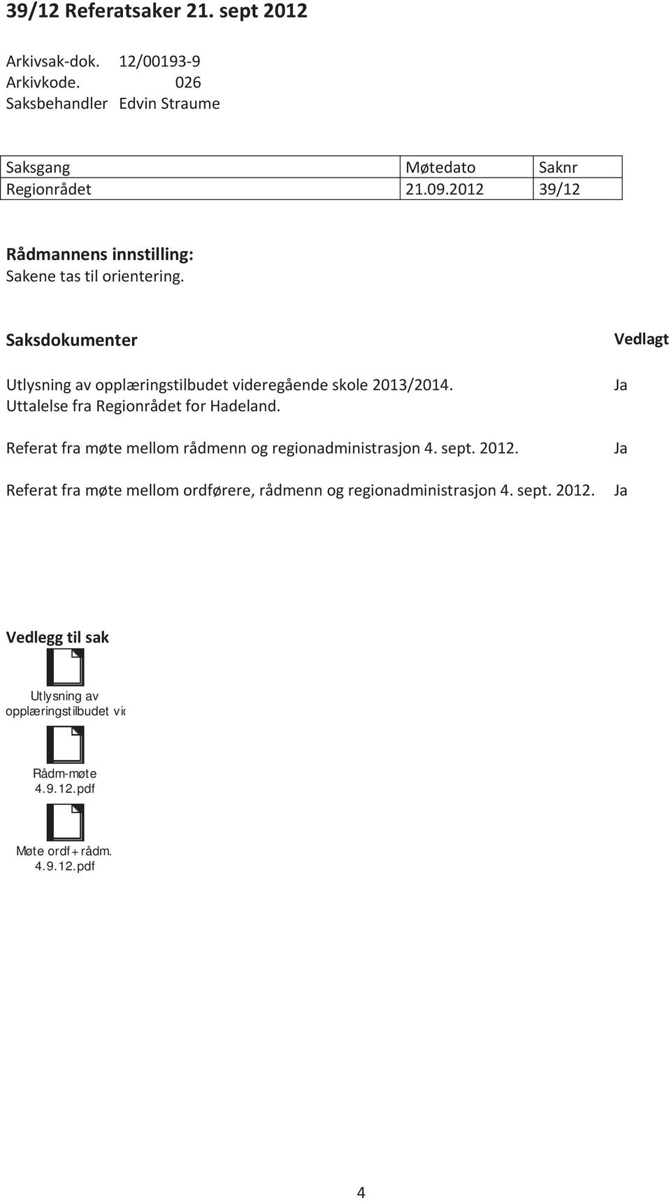 UttalelsefraRegionrådetforHadeland. Referatframøtemellområdmennogregionadministrasjon4.sept.2012.