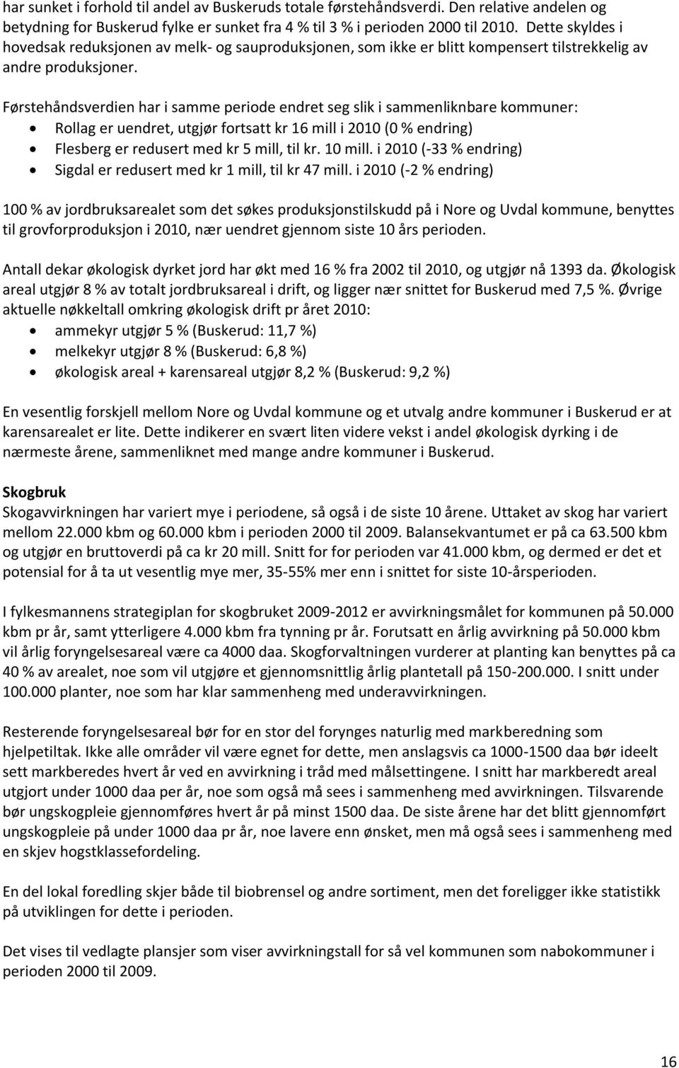 Førstehåndsverdien har i samme periode endret seg slik i sammenliknbare kommuner: Rollag er uendret, utgjør fortsatt kr 16 mill i 2010 (0 % endring) Flesberg er redusert med kr 5 mill, til kr.