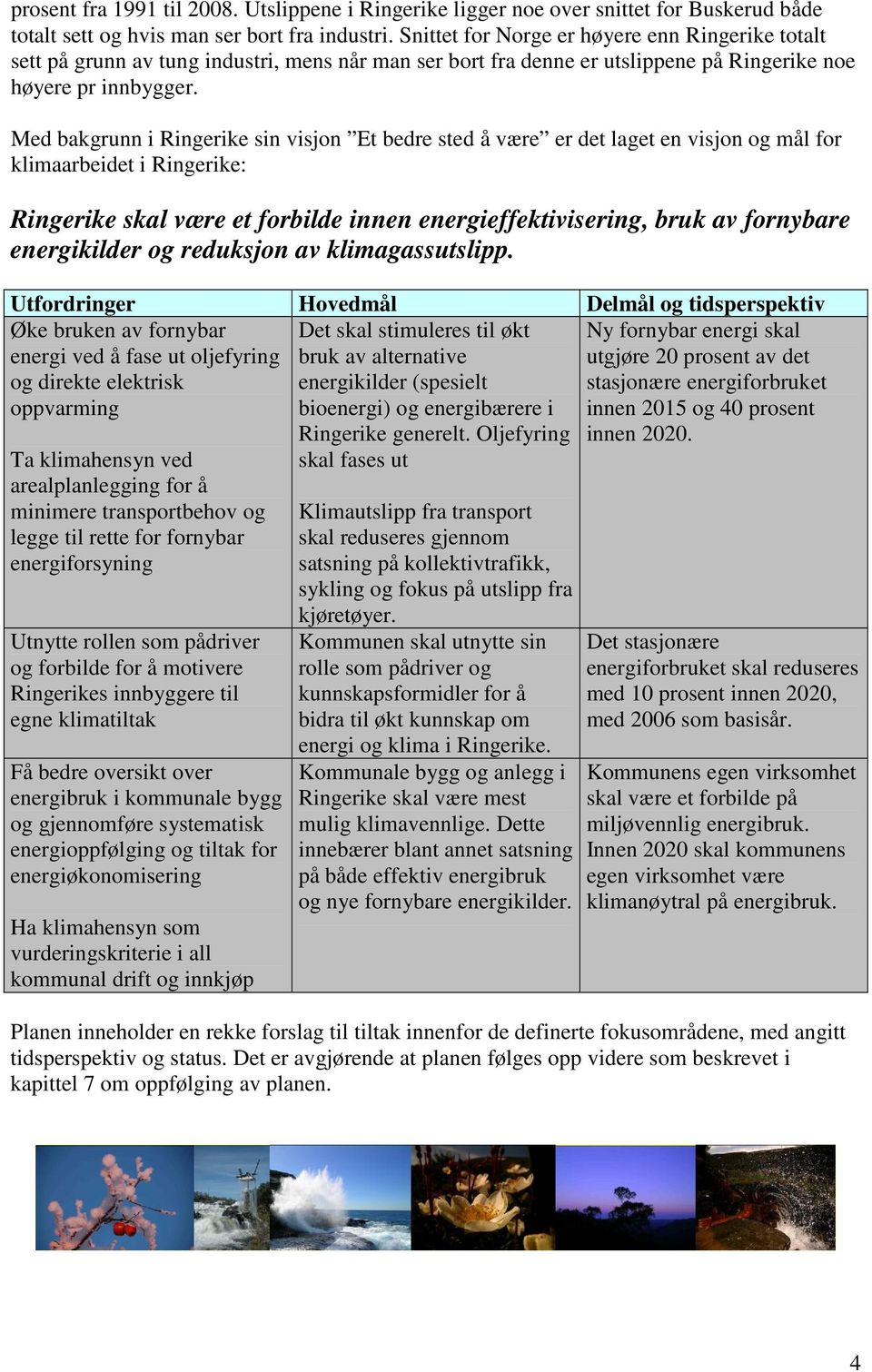 Med bakgrunn i Ringerike sin visjon Et bedre sted å være er det laget en visjon og mål for klimaarbeidet i Ringerike: Ringerike skal være et forbilde innen energieffektivisering, bruk av fornybare