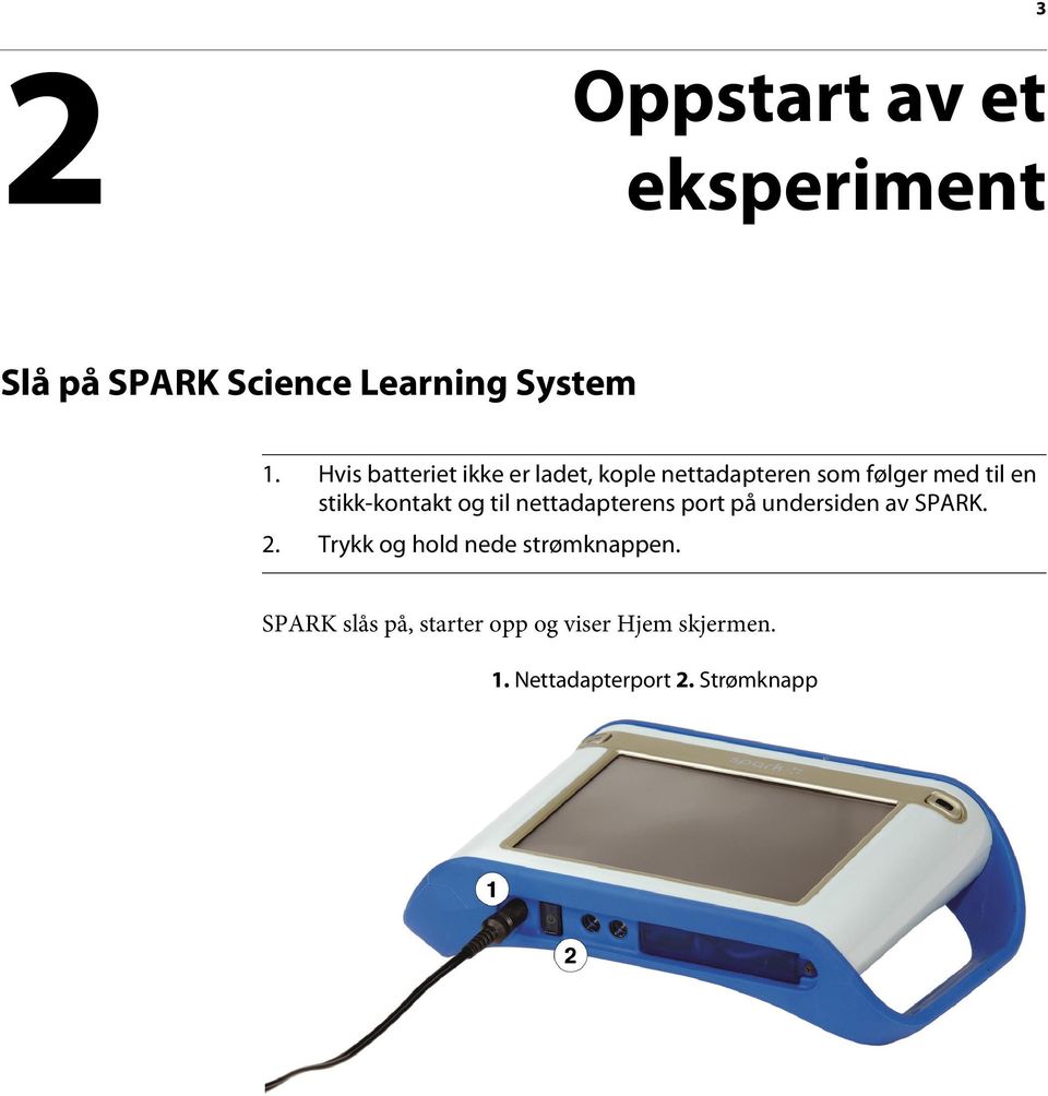 stikk-kontakt og til nettadapterens port på undersiden av SPARK. 2.