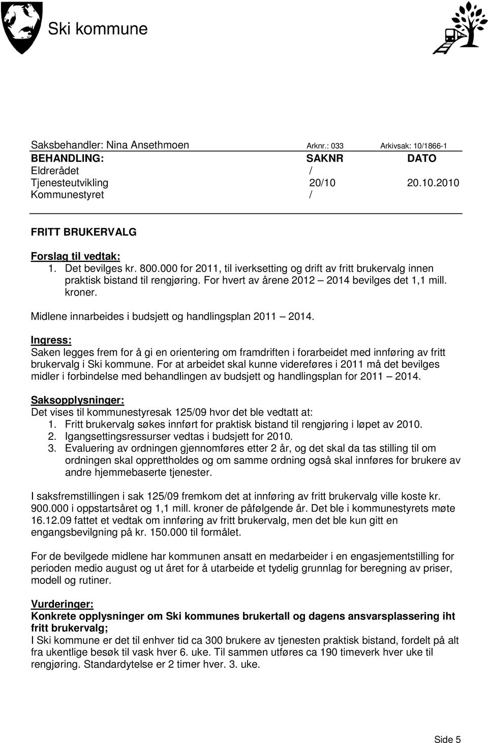 Midlene innarbeides i budsjett og handlingsplan 2011 2014. Ingress: Saken legges frem for å gi en orientering om framdriften i forarbeidet med innføring av fritt brukervalg i Ski kommune.