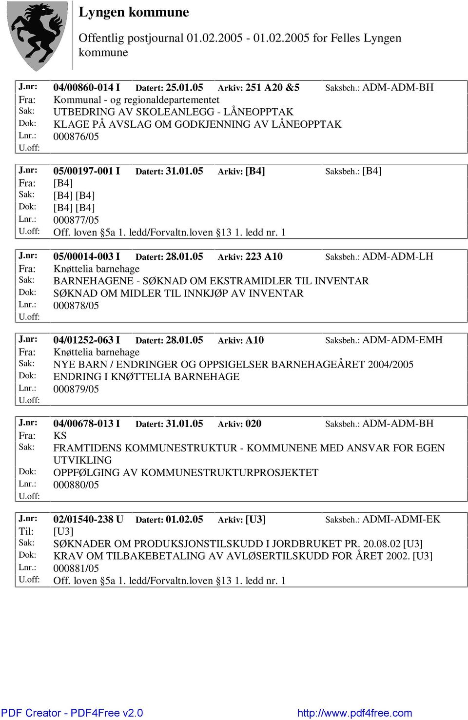 : [B4] Fra: [B4] Sak: [B4] [B4] Lnr.: 000877/05 Off. loven 5a 1. ledd/forvaltn.loven 13 1. ledd nr. 1 J.nr: 05/00014-003 I Datert: 28.01.05 Arkiv: 223 A10 Saksbeh.