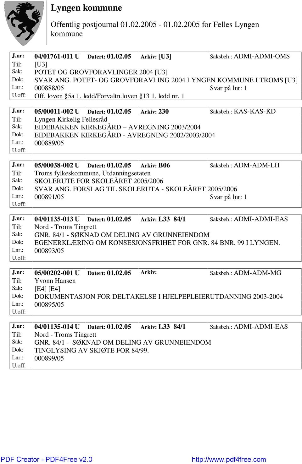 : KAS-KAS-KD Til: Lyngen Kirkelig Fellesråd Sak: EIDEBAKKEN KIRKEGÅRD AVREGNING 2003/2004 Dok: EIDEBAKKEN KIRKEGÅRD - AVREGNING 2002/2003/2004 Lnr.: 000889/05 J.nr: 05/00038-002 U Datert: 01.02.05 Arkiv: B06 Saksbeh.