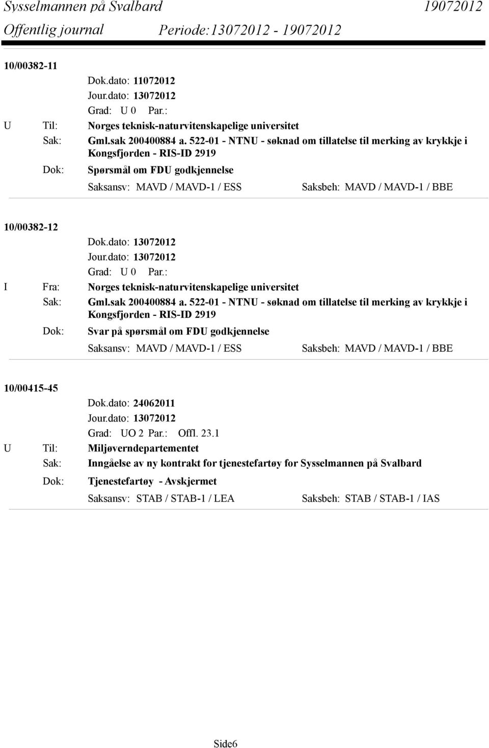 dato: 13072012 I Fra: Norges teknisk-naturvitenskapelige universitet Sak: Gml.sak 200400884 a.