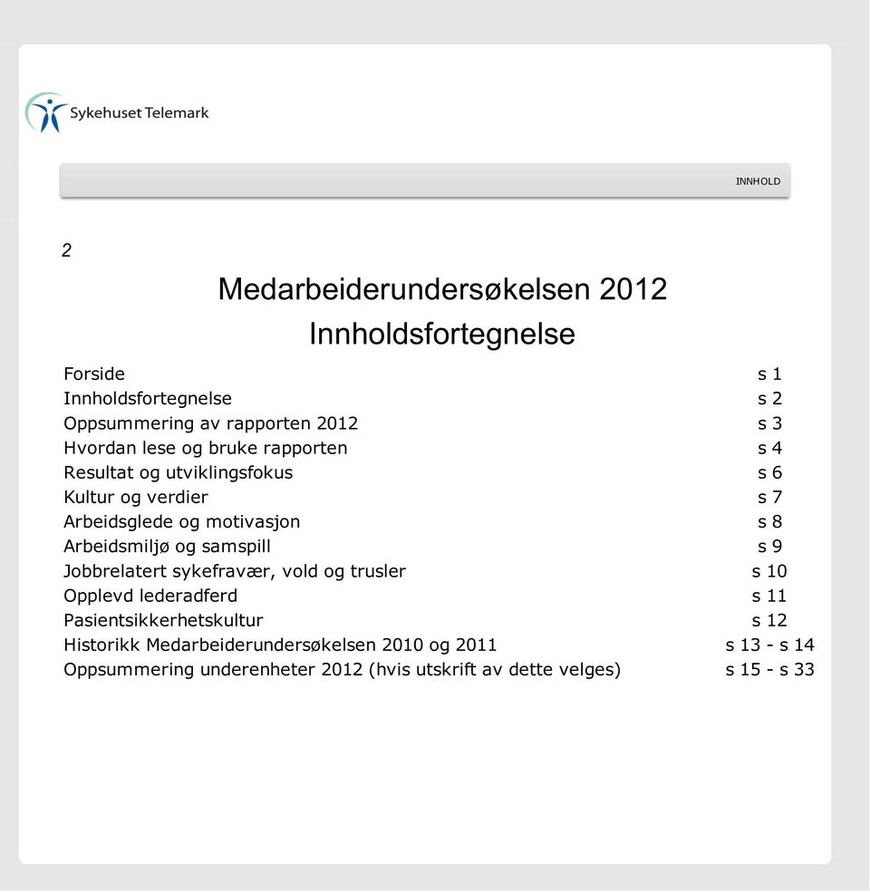 Arbeidsmiljø og samspill s 9 Jobbrelatert sykefravær, vold og trusler s 10 Opplevd lederadferd s 11 Pasientsikkerhetskultur s 12