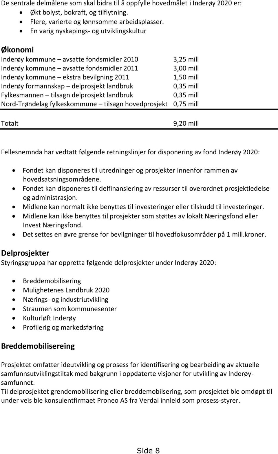 Inderøyformannskap delprosjekt landbruk 0,35mill Fylkesmannen tilsagndelprosjektlandbruk 0,35mill Nord-Trøndelagfylkeskommune tilsagnhovedprosjekt 0,75mill Totalt 9,20mill Fellesnemndahar vedtatt