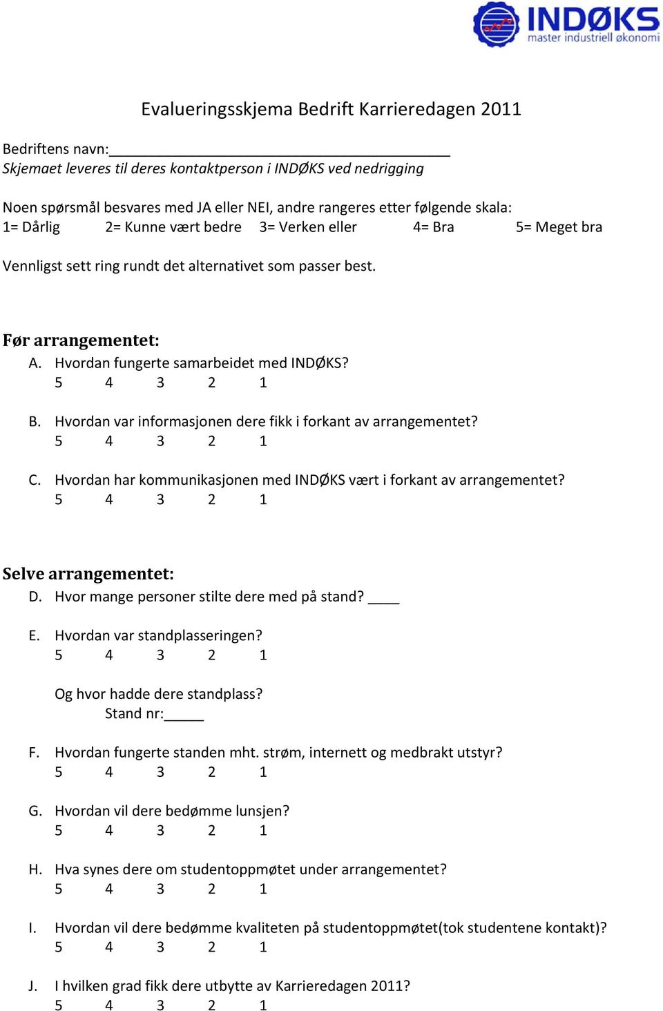 C. Hvordan har kommunikasjonen med INDØKS vært i forkant av arrangementet? Selve arrangementet: D. Hvor mange personer stilte dere med på stand? E. Hvordan var standplasseringen?