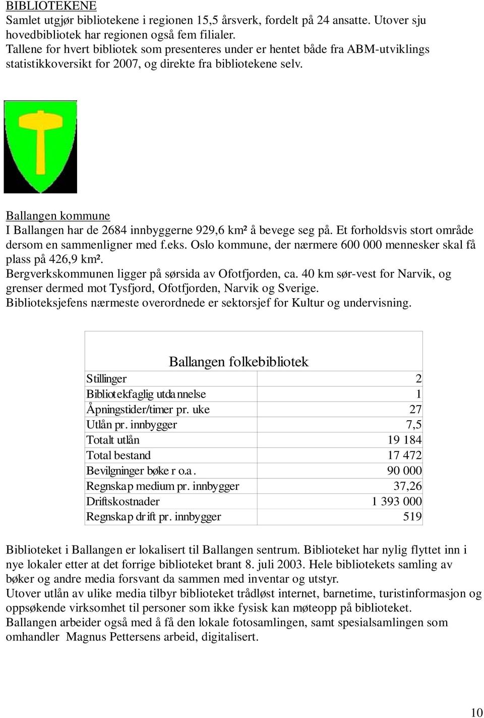 Ballangen kommune I Ballangen har de 2684 innbyggerne 929,6 km² å bevege seg på. Et forholdsvis stort område dersom en sammenligner med f.eks.