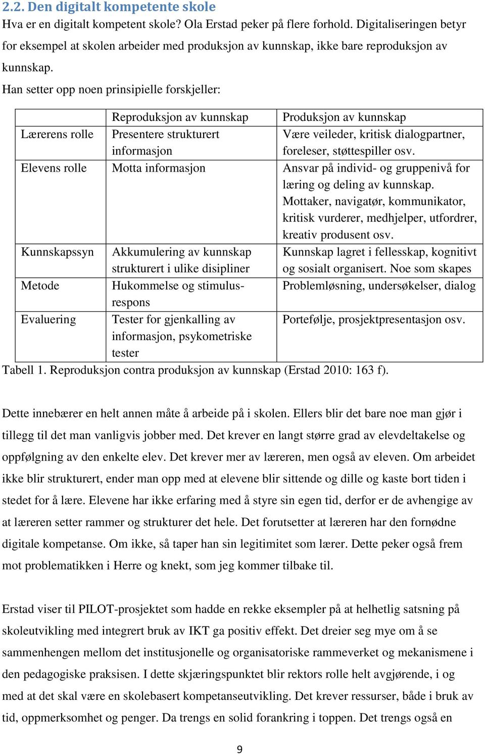 Han setter opp noen prinsipielle forskjeller: Reproduksjon av kunnskap Produksjon av kunnskap Lærerens rolle Presentere strukturert informasjon Være veileder, kritisk dialogpartner, foreleser,