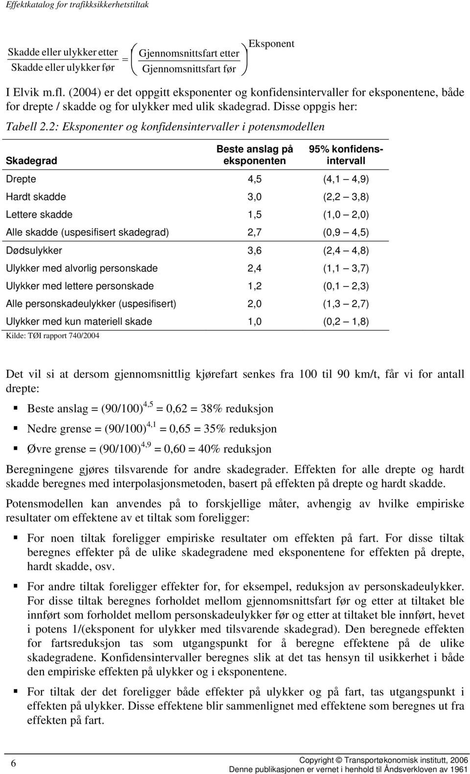 2: Eksponenter og konfidensintervaller i potensmodellen Skadegrad Beste anslag på eksponenten 95% konfidensintervall Drepte 4,5 (4,1 4,9) Hardt skadde 3,0 (2,2 3,8) Lettere skadde 1,5 (1,0 2,0) Alle