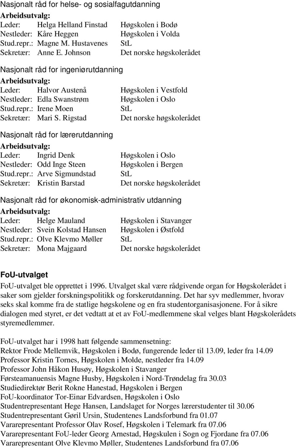 Rigstad Det norske høgskolerådet Nasjonalt råd for lærerutdanning Leder: Ingrid Denk Høgskolen i Oslo Nestleder: Odd Inge Steen Høgskolen i Bergen Stud.repr.