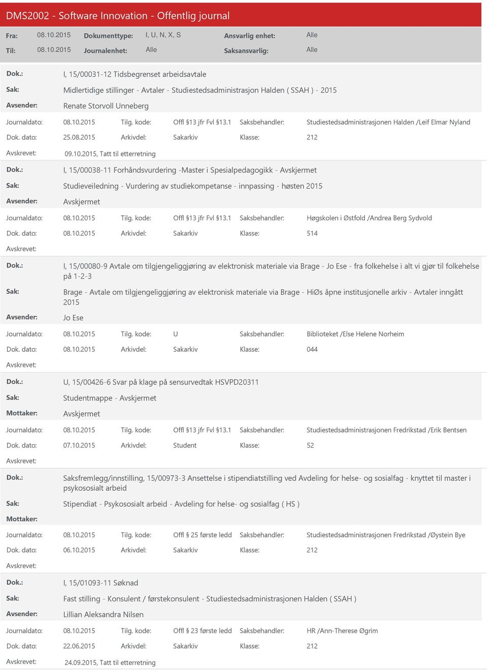 2015, Tatt til etterretning I, 15/00038-11 Forhåndsvurdering -Master i Spesialpedagogikk - Studieveiledning - Vurdering av studiekompetanse - innpassing - høsten 2015 Høgskolen i Østfold /Andrea Berg