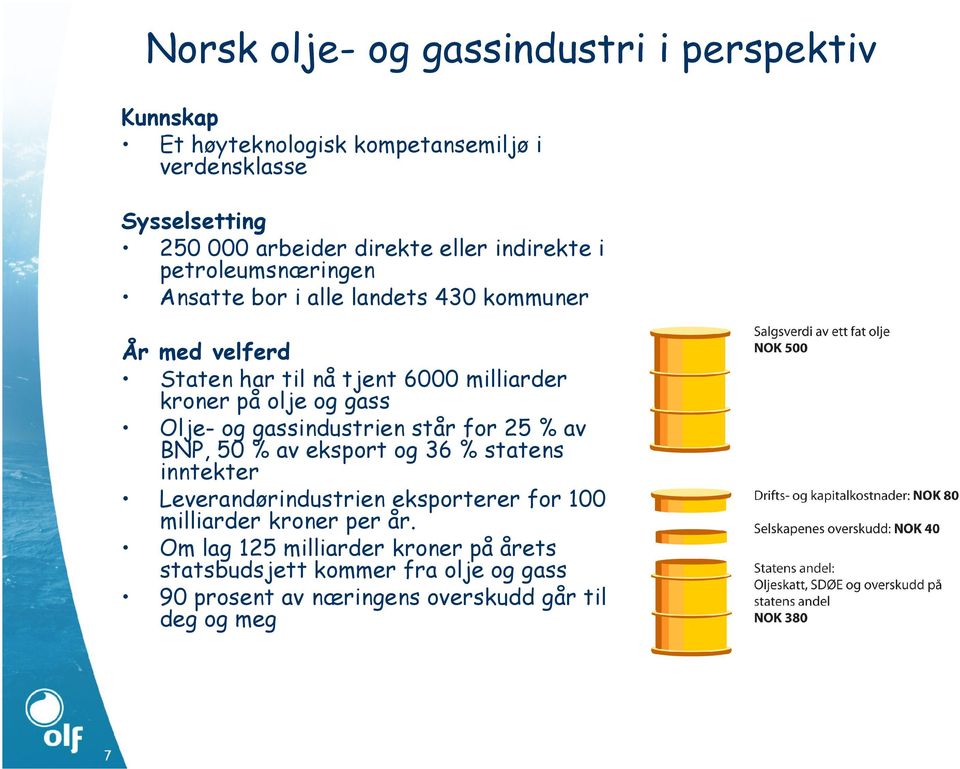 gass Olje- og gassindustrien står for 25 % av BNP, 50 % av eksport og 36 % statens inntekter Leverandørindustrien eksporterer for 100 milliarder