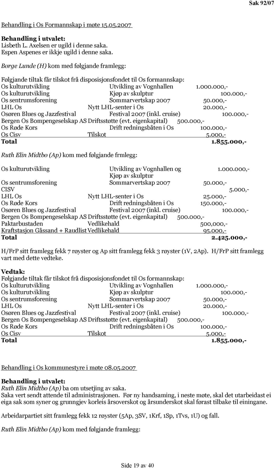 000,- Os kulturutvikling Kjøp av skulptur 100.000,- Os sentrumsforening Sommarvertskap 2007 50.000,- LHL Os Nytt LHL-senter i Os 20.000,- Osøren Blues og Jazzfestival Festival 2007 (inkl. cruise) 100.