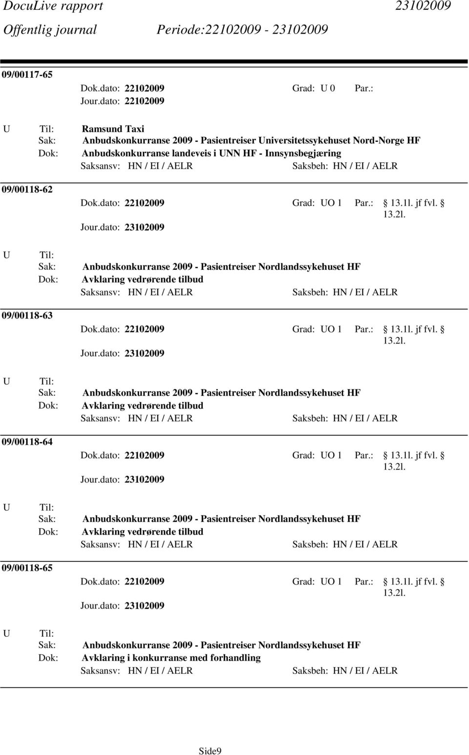 Avklaring vedrørende tilbud 09/00118-63 Dok.dato: 22102009 Grad: O 1 Par.: jf fvl.