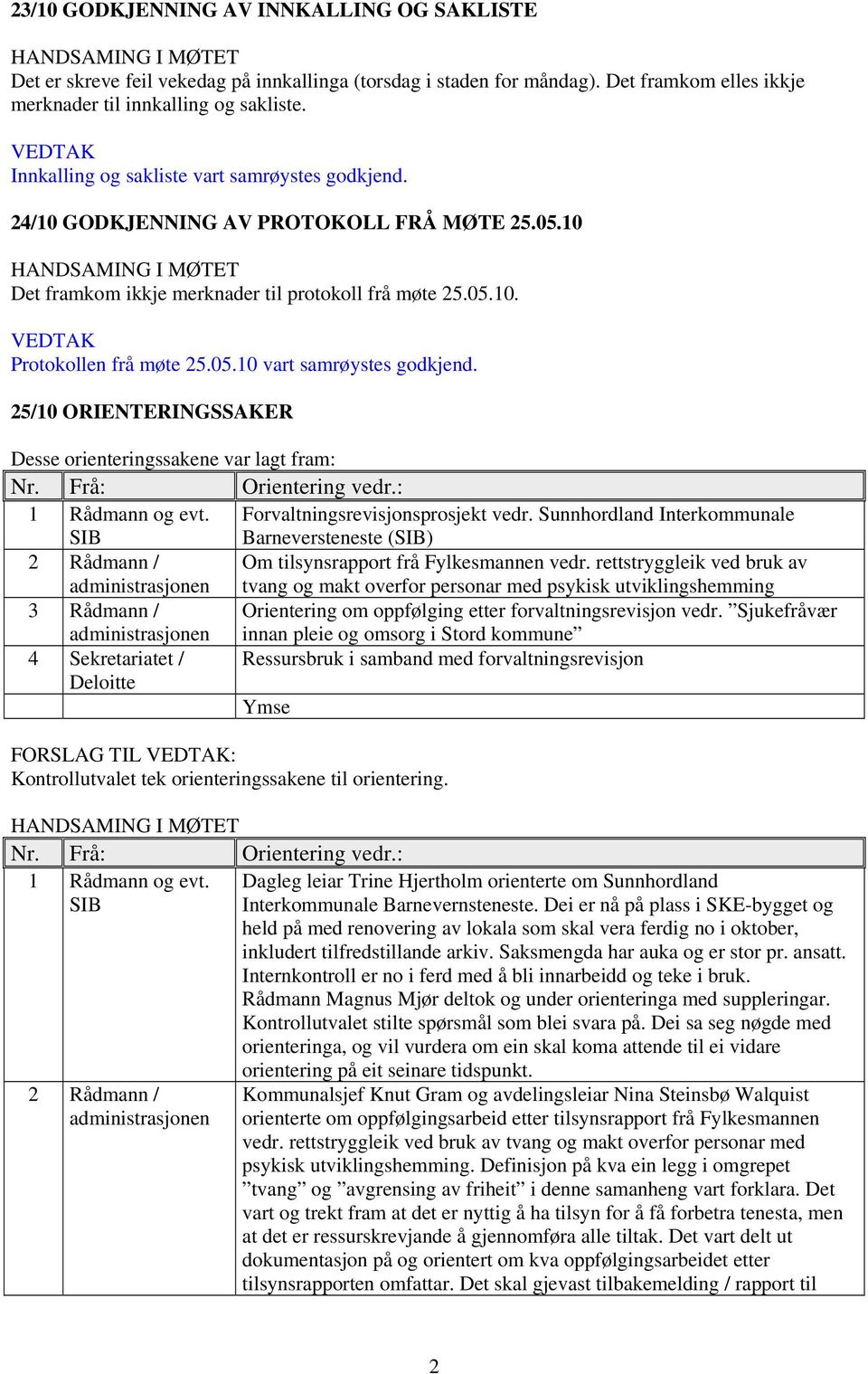 05.10 vart samrøystes godkjend. 25/10 ORIENTERINGSSAKER Desse orienteringssakene var lagt fram: Nr. Frå: Orientering vedr.: 1 Rådmann og evt. SIB Forvaltningsrevisjonsprosjekt vedr.