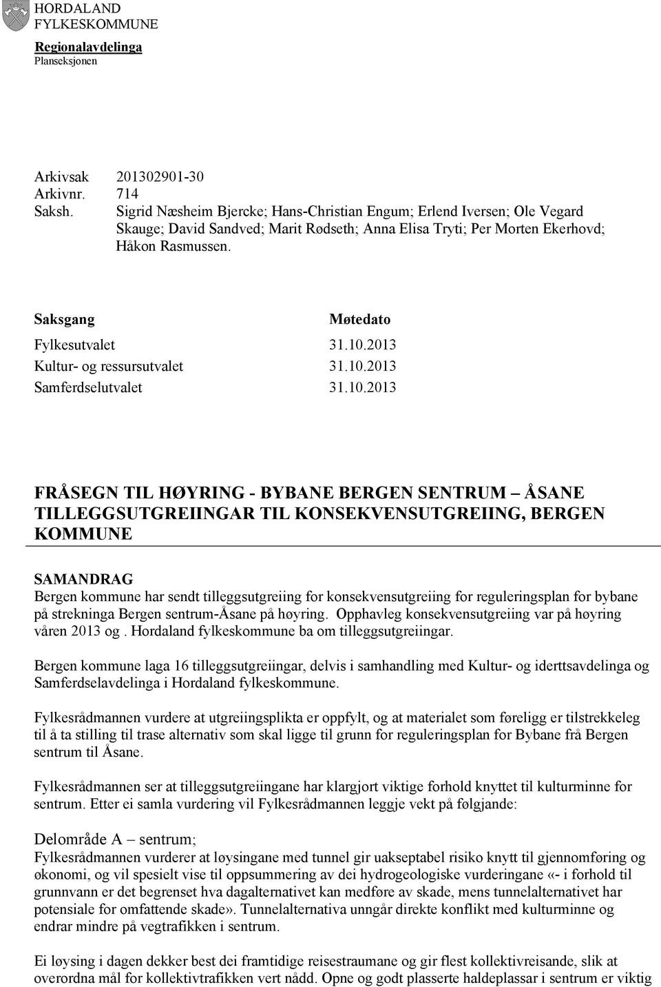 Saksgang Fylkesutvalet Kultur- og ressursutvalet Samferdselutvalet Møtedato 31.10.