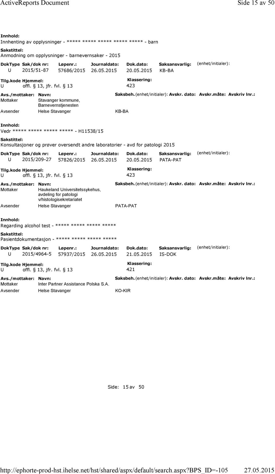 Avskr. dato: Avskr.måte: Avskriv lnr.: KB-BA Vedr ***** ***** ***** ***** - H11538/15 Konsultasjoner og prøver oversendt andre laboratorier - avd for patologi 2015 2015/209-27 57826/2015 20.05.