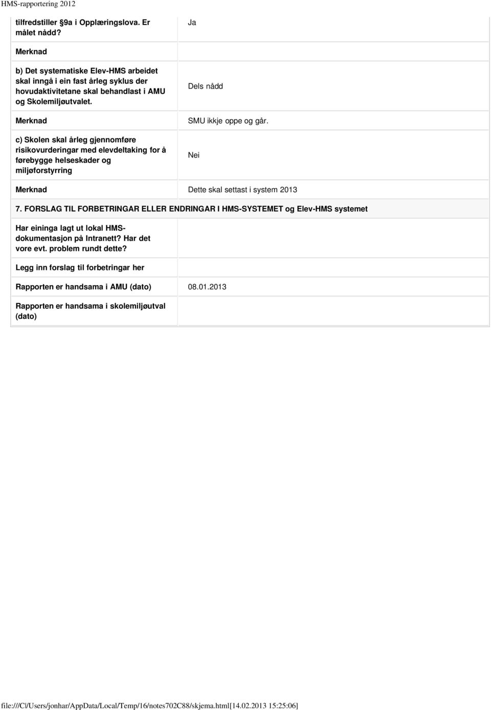 Merknad c) Skolen skal årleg gjennomføre risikovurderingar med elevdeltaking for å førebygge helseskader og miljøforstyrring Dels nådd SMU ikkje oppe og går.