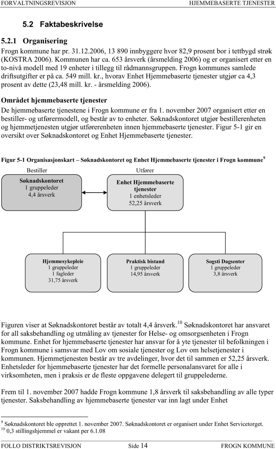 , hvorav Enhet Hjemmebaserte tjenester utgjør ca 4,3 prosent av dette (23,48 mill. kr. - årsmelding 2006). Området hjemmebaserte tjenester De hjemmebaserte tjenestene i Frogn kommune er fra 1.