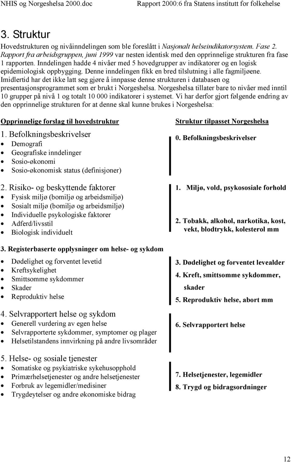 Inndelingen hadde 4 nivåer med 5 hovedgrupper av indikatorer og en logisk epidemiologisk oppbygging. Denne inndelingen fikk en bred tilslutning i alle fagmiljøene.