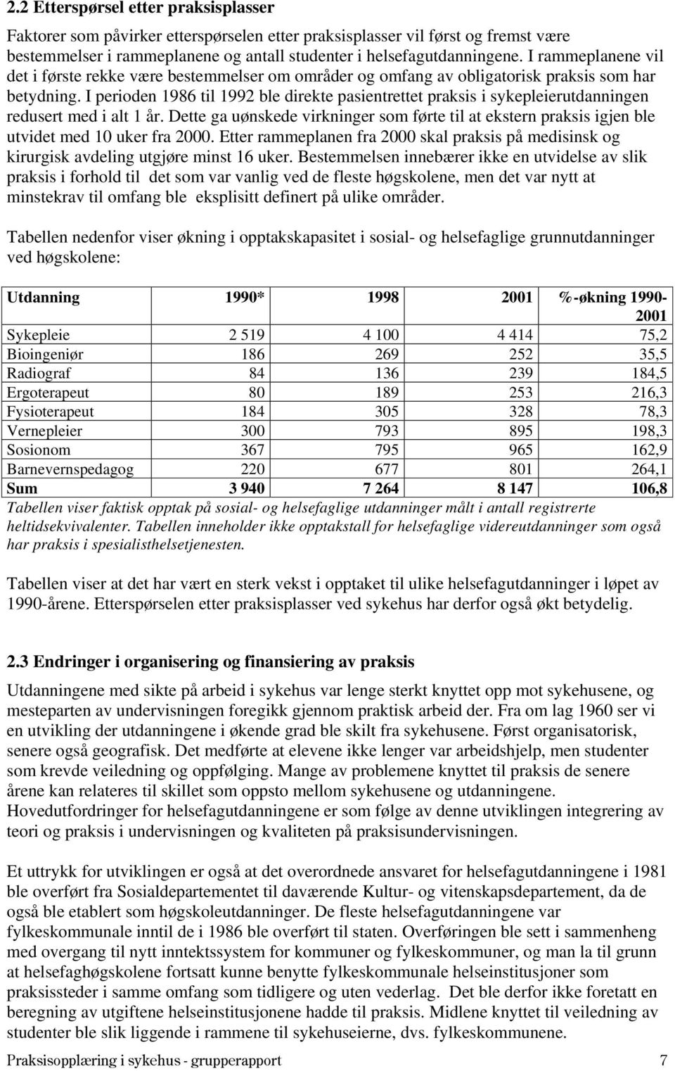 I perioden 1986 til 1992 ble direkte pasientrettet praksis i sykepleierutdanningen redusert med i alt 1 år.