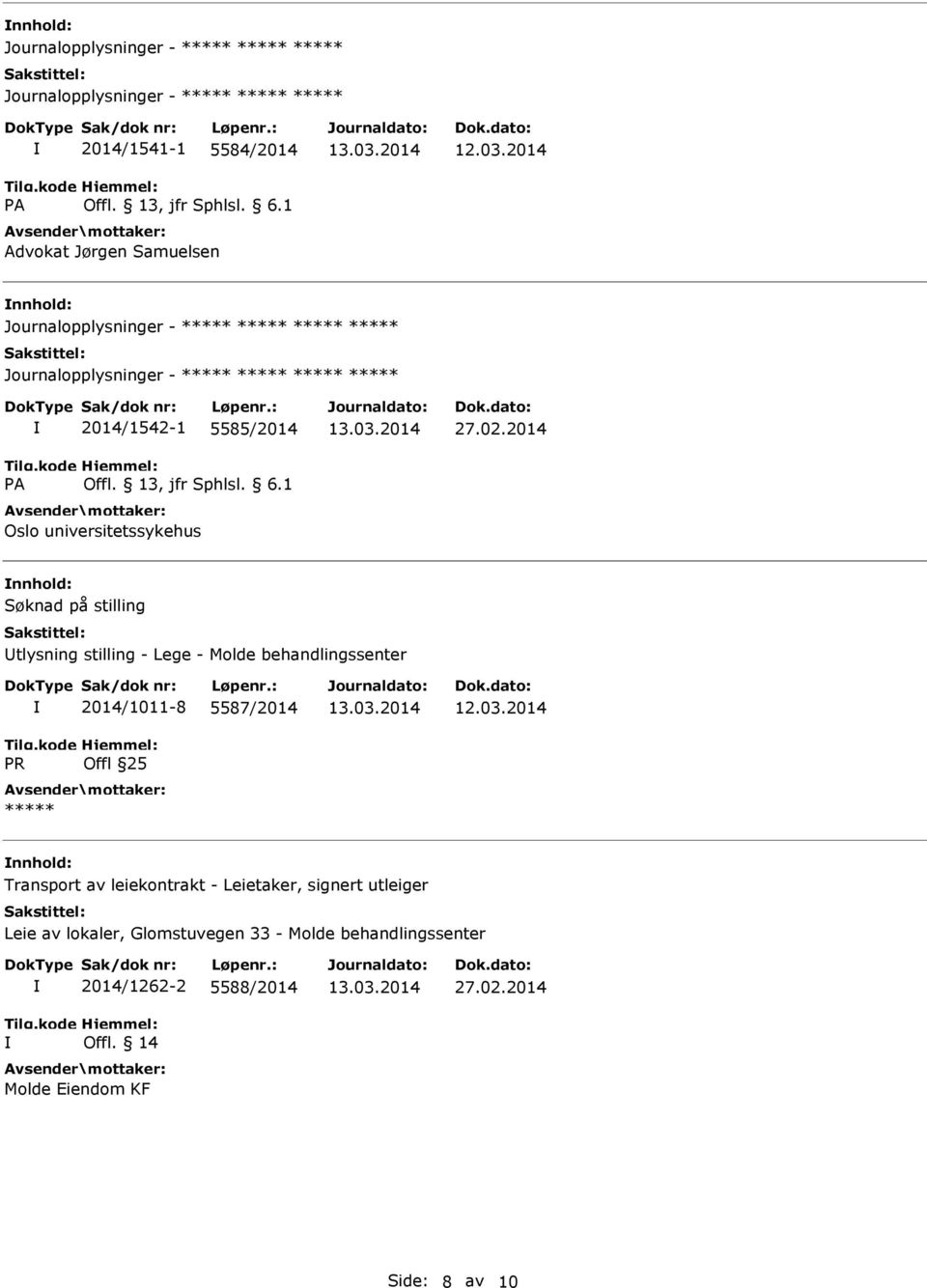 2014 nnhold: Søknad på stilling tlysning stilling - Lege - Molde behandlingssenter PR 2014/1011-8 5587/2014 Offl 25