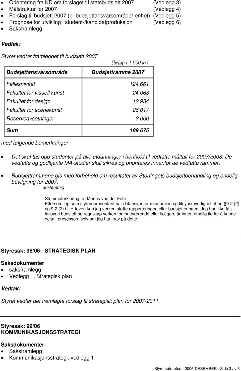 design Fakultet for scenekunst Reserveavsetninger 124 661 24 063 12 934 26 017 2 000 Sum 189 675 med følgende bemerkninger: Det skal tas opp studenter på alle utdanninger i henhold til vedtatte