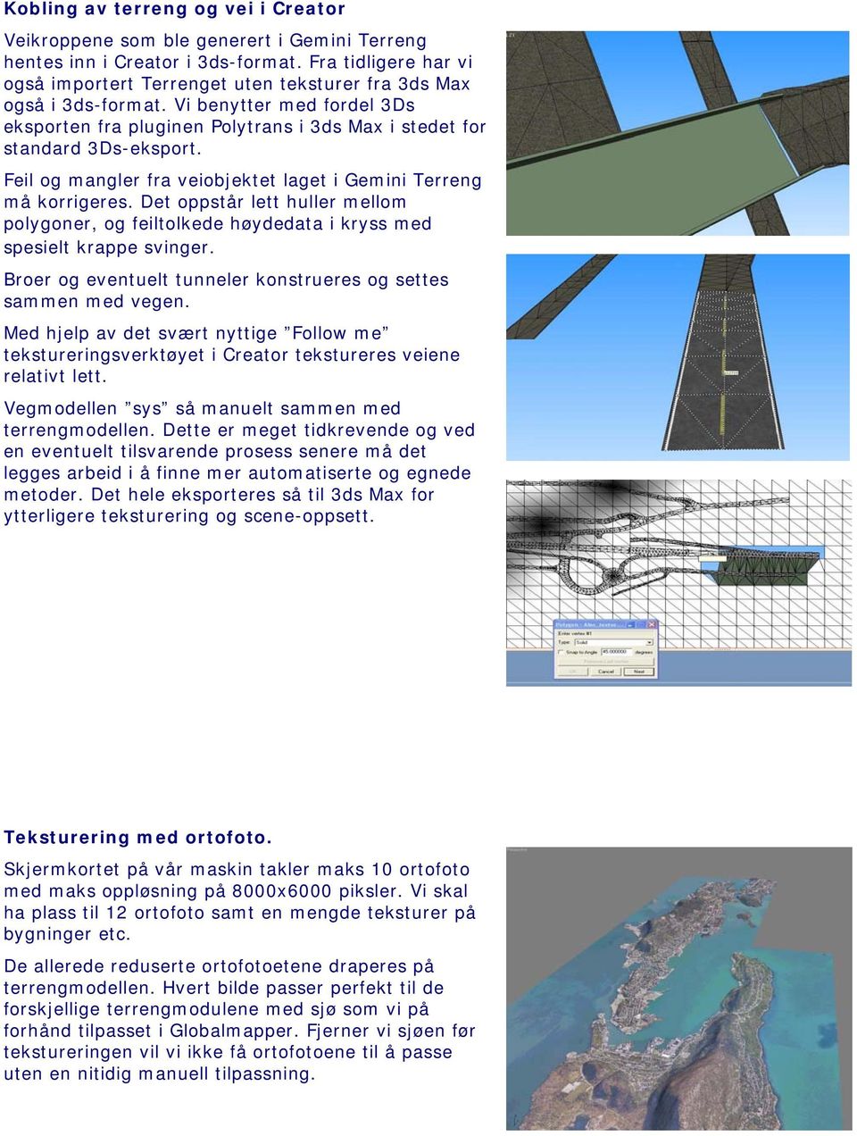 Feil og mangler fra veiobjektet laget i Gemini Terreng må korrigeres. Det oppstår lett huller mellom polygoner, og feiltolkede høydedata i kryss med spesielt krappe svinger.