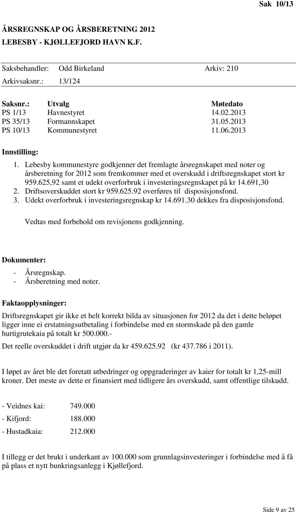 Lebesby kommunestyre godkjenner det fremlagte årsregnskapet med noter og årsberetning for 2012 som fremkommer med et overskudd i driftsregnskapet stort kr 959.